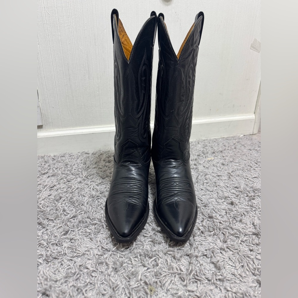 Nocona Mens Black Leather Western Cowboy Boots Pointed Toe Made in USA 8
